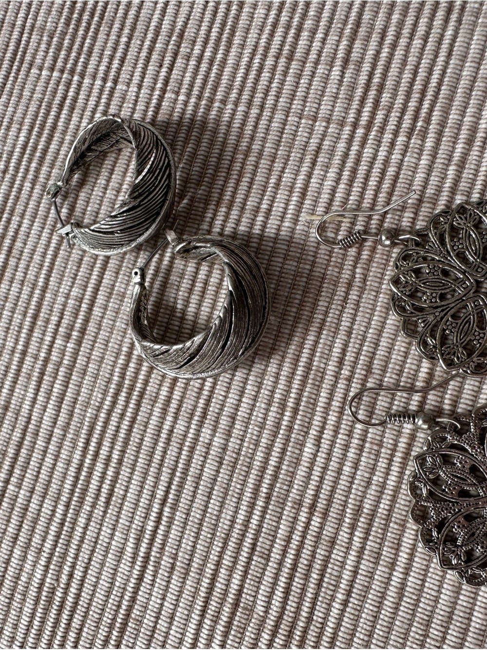 2 PAIRS Textured Silver Hoop Earrings - AND Medallions